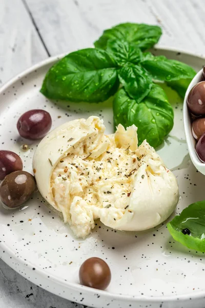 İtalyan burrata peyniri, beyaz burrata topları veya burratina peyniri fesleğen ve zeytinyağı ve ciabatta. metin için yer, üst görünüm.