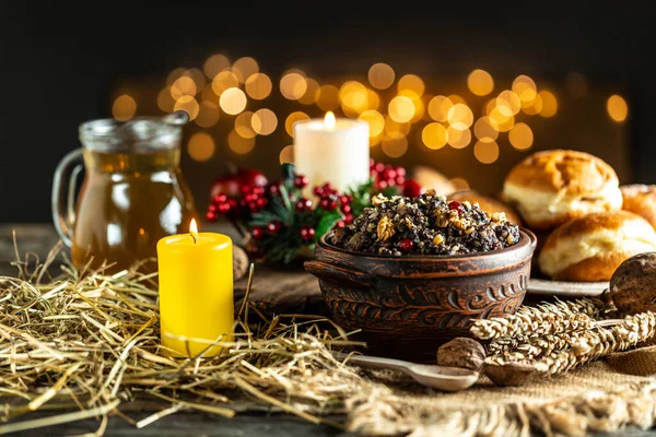 Kutia Grano Tradizionale Piatto Grano Cerimoniale Natale Uno Sfondo Legno — Foto Stock