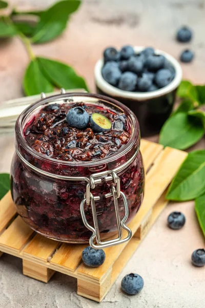 Blueberry Jam Marmelade Glass Blueberries Fruits Vertical Image Top View — Stockfoto