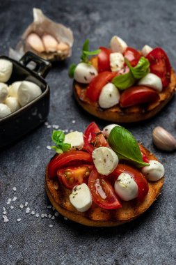 Mozzarella, kiraz domatesli ve taze fesleğenli Caprese tostları. Geleneksel İtalyan aperatifi veya aperatifi, antipasto. dikey görüntü. Üst Manzara. metin için yer,