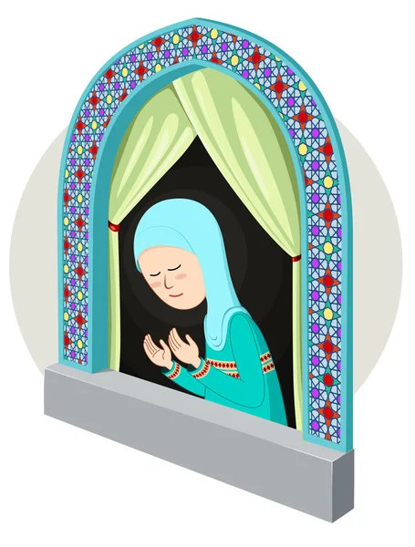Chica árabe rezando en la ventana — Vector de stock
