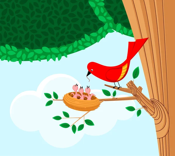 Bird feeding her child — Stock Vector