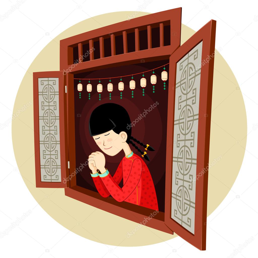 chinese girl praying in the window