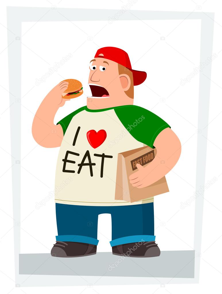 fatman eating hamburger