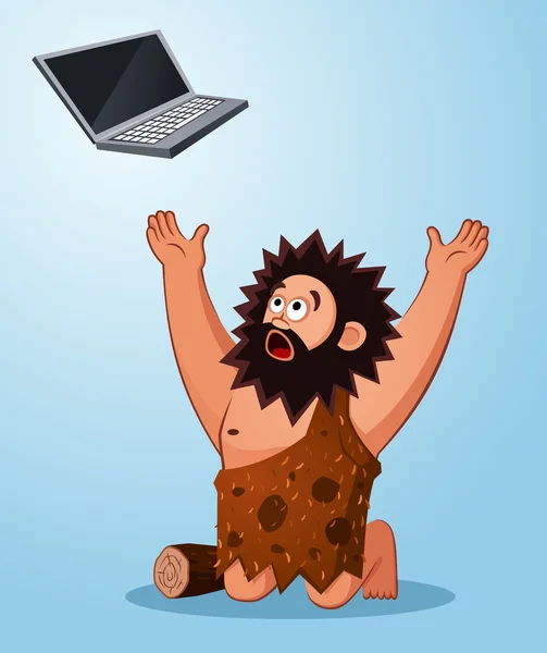Caveman λατρεία ένα φορητό υπολογιστή — Διανυσματικό Αρχείο