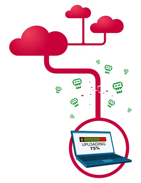 Angry virus interrupting upload process on a laptop — Stock Vector