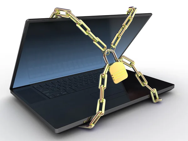 笔记本电脑与链和孤立在白色背景上的锁。3d — 图库照片