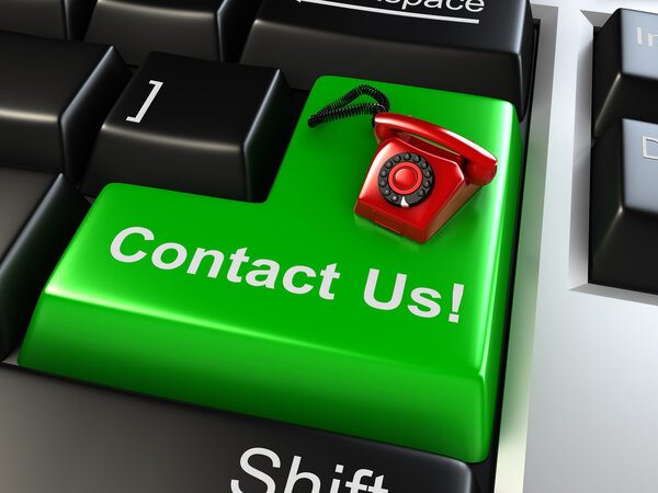 3d red retro phone on blue enter button - technical support concept