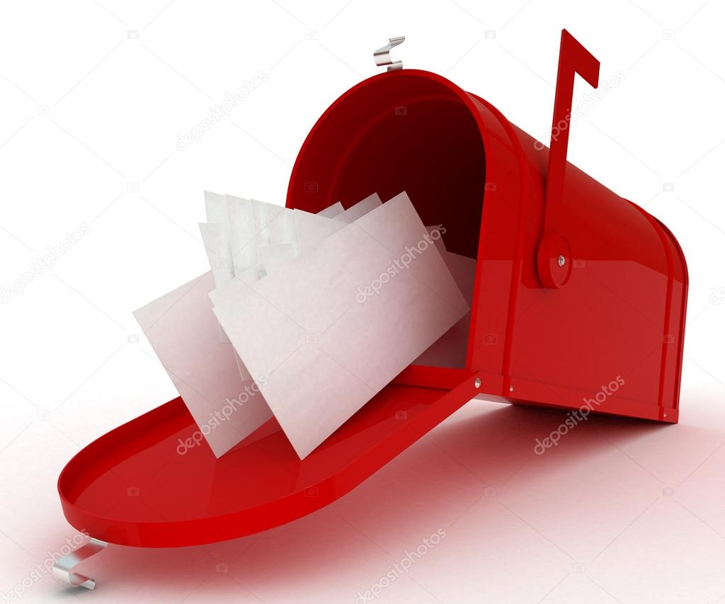 Red mail box with heap of letters. 3D illustration isolated on white