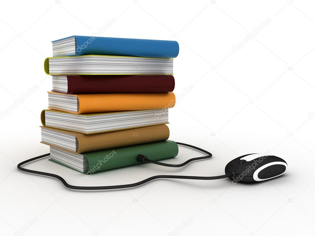 Internet education. Books and computer mouse. 3d