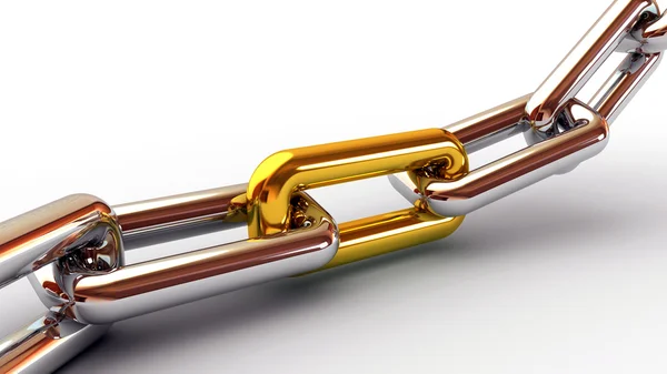 Cadeia cromada com um link dourado no fundo branco Fotografia De Stock