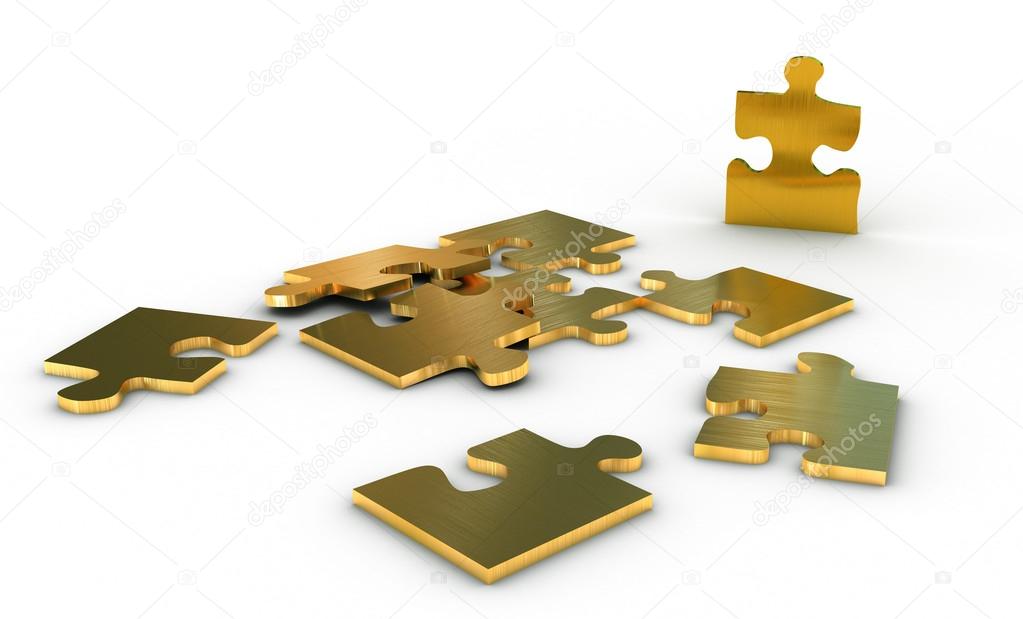 Metallic jigsaw puzzle with an outstending golden piece - 3d render