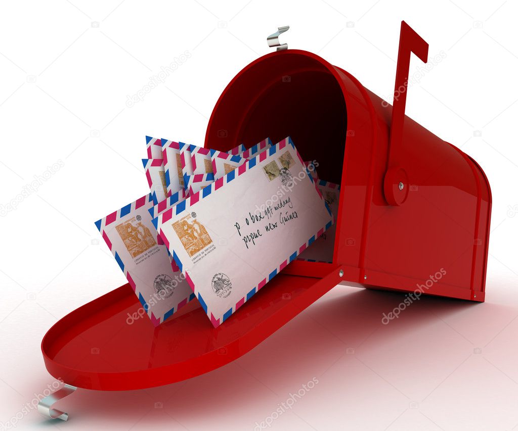 Red mail box with letters. 3D illustration isolated on white