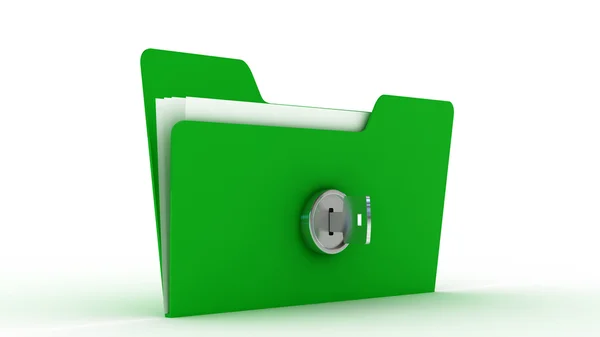 Папка компьютера с ключом. Изолированное трехмерное изображение, защищающее данные. 3d иллюстрация — стоковое фото