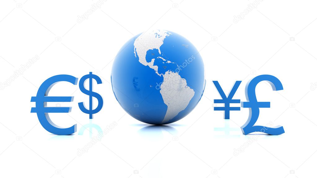Currency symbols moving around planet Earth. Digital illustration