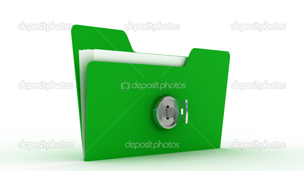 computer folder with key. Isolated 3d image Protecting the Data. 3d illustration