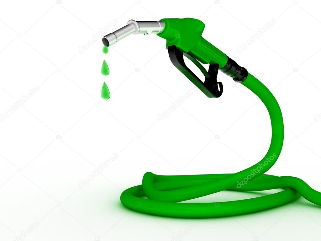Green fuel nozzle with green droplet on white background