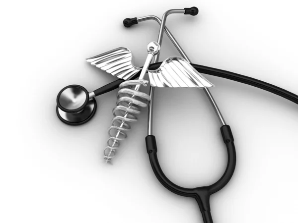 Stetoskop se symbolem lékařství caduceus. 3D — Stock fotografie