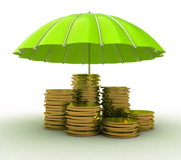 Stacks of golden coins covered by green umbrella isolated on white background — Stock Photo, Image