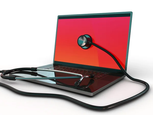 Service for laptop repair. Laptop with stethoscope. 3d — Stock Photo, Image