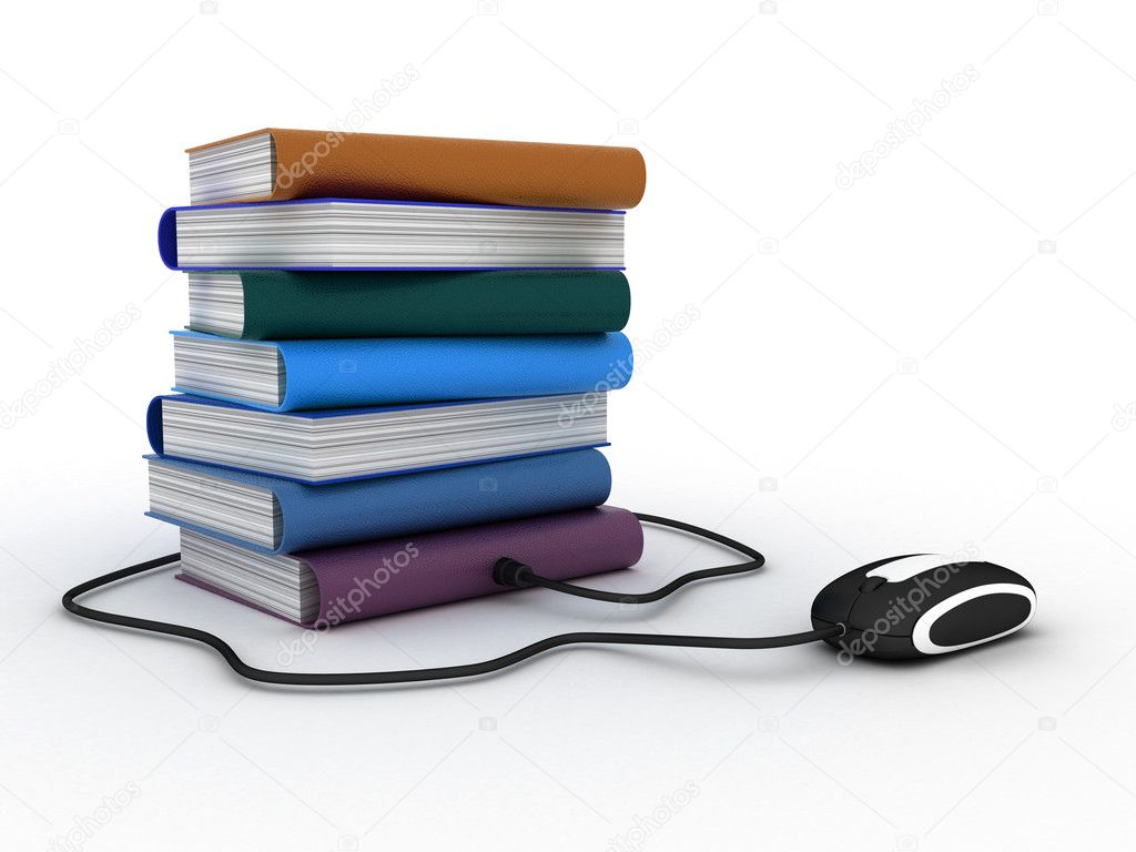 Internet education. Books and computer mouse. 3d