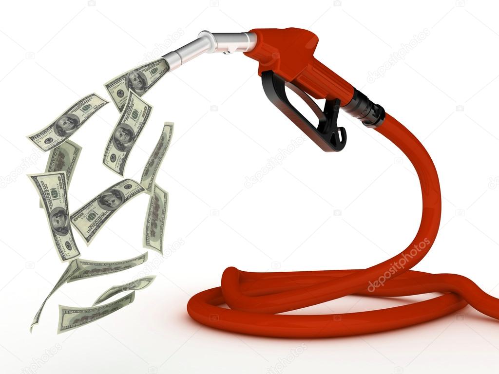 Gas pump nozzle and dollar on white background. 3d