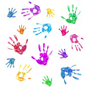 Colorful background from prints of painted hands of family