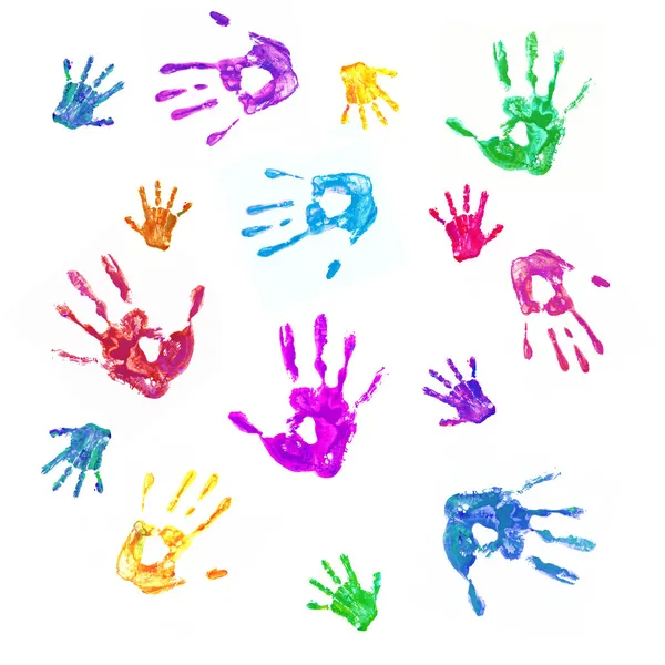 Kleurrijke achtergrond van afdrukken van geschilderde handen van familie Stockfoto