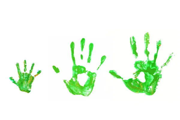 Yeşil el izleri bebek, babası, annesi ve ekoloji kavramı. — Stok fotoğraf