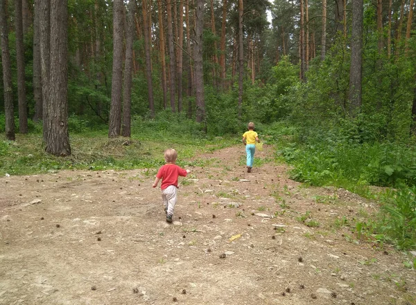 Russia Novosibirsk 2019 Small Children Alone Walking Woods Running Trail — Stock Photo, Image