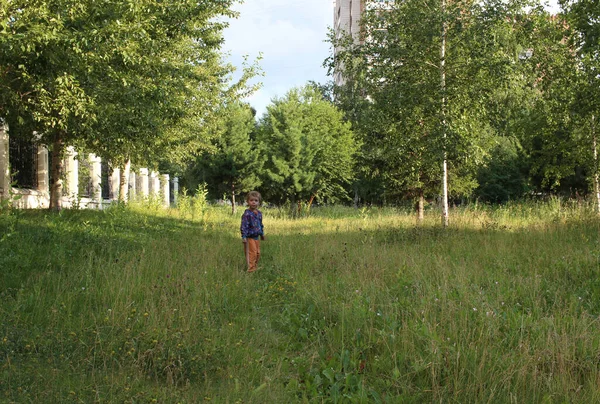 2021年7月20日 俄罗斯 Novosibirsk 一个小男孩独自在公园的草地上散步 — 图库照片