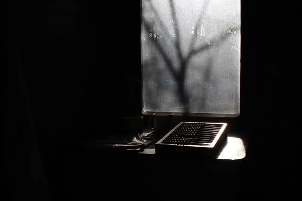 Dark Window Silhouette Tree Black White Depression — Photo