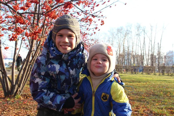Russia Novosibirsk 2021 Small Children Boys Walk Autumn Park Laughing — Stock Fotó