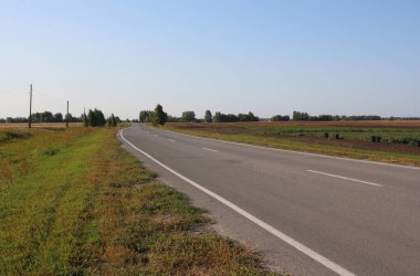Tarlalar arasında boş bir yol, Sibirya 'daki bir köye giden arabaların geçişi.