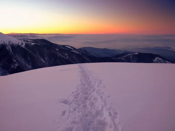 Majestätischer Sonnenuntergang in winterlicher Berglandschaft — Stockfoto