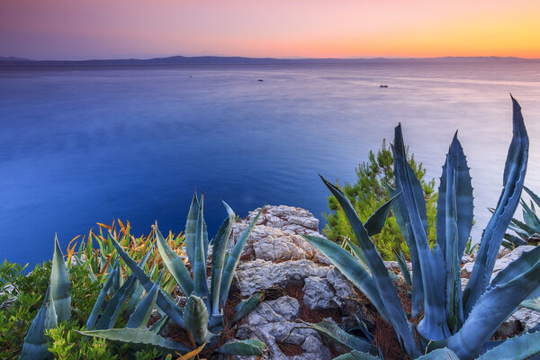 Beautiful sunset on a Mediterranean sea,Croatian riviera near Makarska