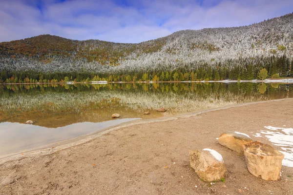 Färgglada snöiga skogen och rena sjön, St Ana sjö, Transsylvanien, Ro — Stockfoto