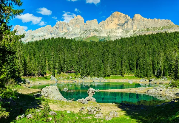 森林、ドロミテ、イタリアの美しいカレッツァ湖,(Lago di Carezza) — ストック写真