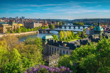 Praga şehri ve Vltava nehri, Prag, Çek Cumhuriyeti, Avrupa üzerindeki güzel köprülerle tepenin muhteşem manzarası