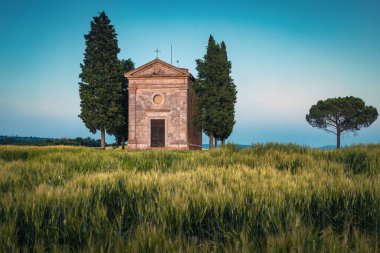 Tahıl tarlasında en çok ziyaret edilen küçük din binalarından biri olan Vitaleta Şapeli, Toskana, İtalya, Avrupa