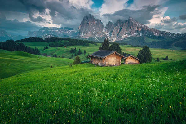 Majestueuze Zomer Alpine Resort Met Houten Hutten Groene Velden Besneeuwde Stockfoto