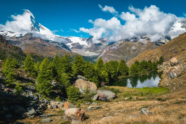 One Most Famous Hiking Destination Misty Matterhorn View Grindjisee Lake — Stock Photo, Image