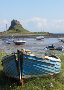arka planda LINDISFARNE Kalesi ile kutsal Adası'nda düşük tide