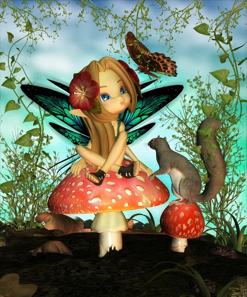 Fairy On Mushroom - "Oh pretty butterfly" — Stock Photo, Image