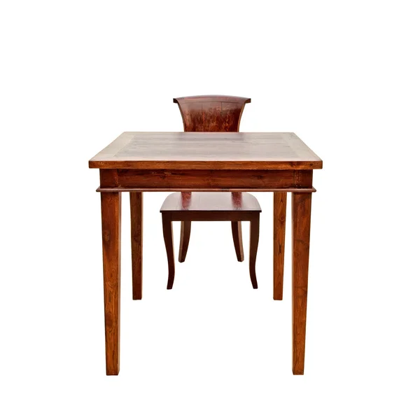 Dřevěná židle a stůl izolovaných na bílém pozadí — Stock fotografie