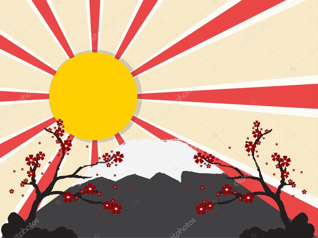 Japan Oriental sunset with mountain.