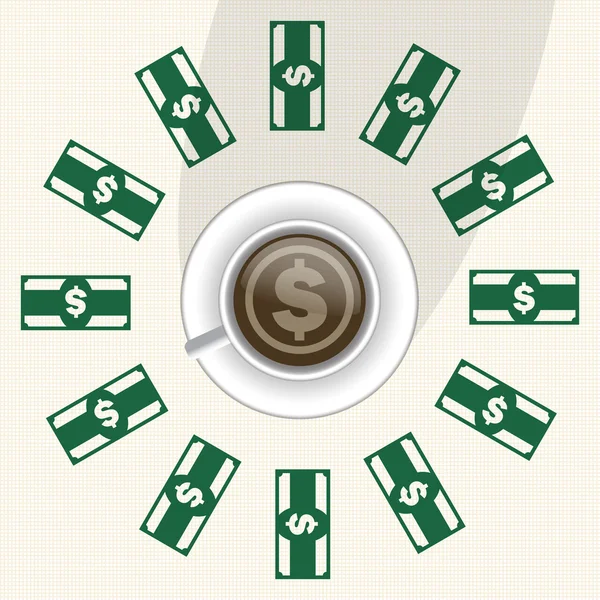 Dollar sign in coffee with money around the cup. — Stock Vector