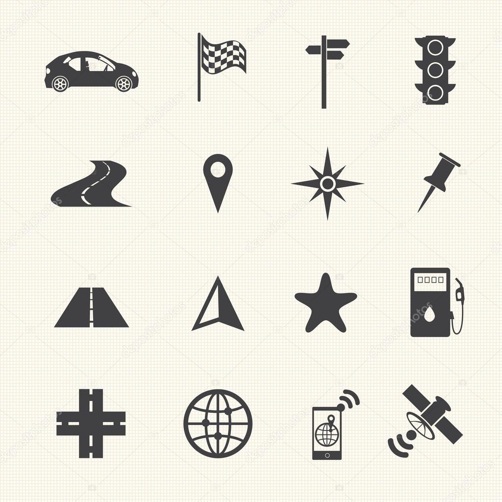 Navigation icons set on texture background. Vector