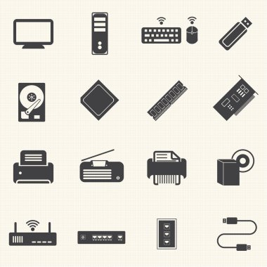 Computer infrastructure and Computer Accessories Icons with texture background. clipart