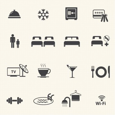 Hotel simgeler doku arka plan ile. vektör Icon set.